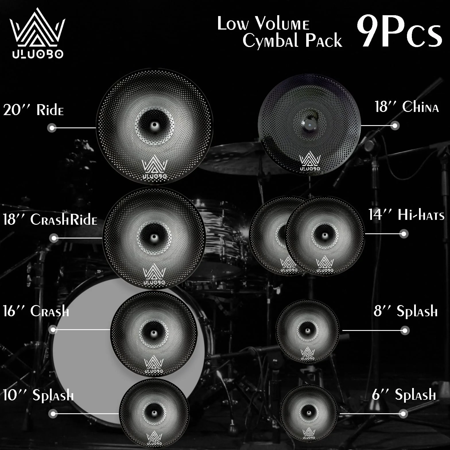 Paquete de platillos de bajo volumen, platillos silenciosos, juego de platillos silenciosos para práctica de bateristas, 6/8/10 pulgadas Spalsh + 14 pulgadas Hihat + 16 pulgadas Crash + 18