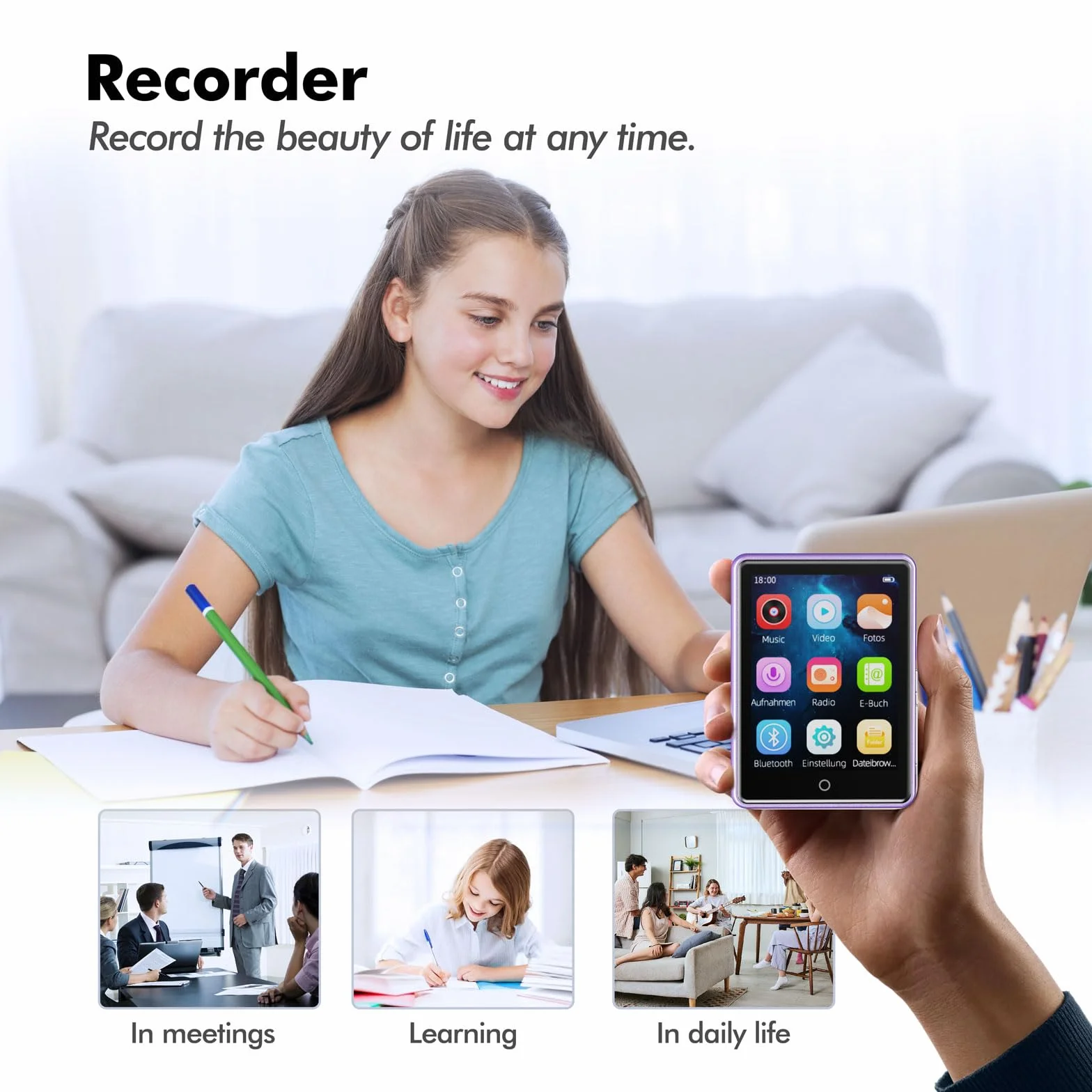 Reproductor MP3 Bluetooth 5.3, 64 GB, Pantalla táctil 2,8 Pulgadas, Sonido HiFi, Radio FM, Ampliable 128 GB (Morado)