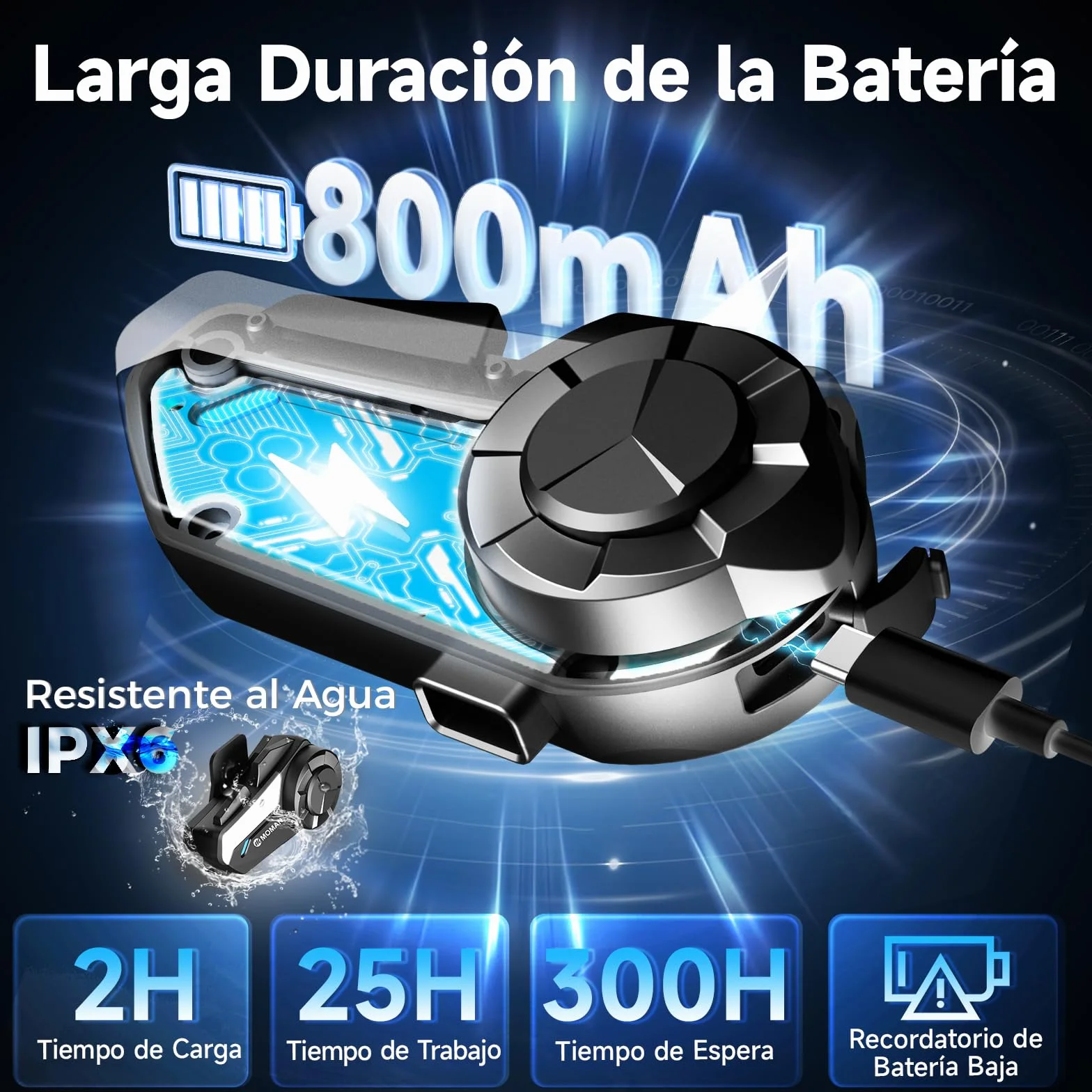 Moman H2S Intercomunicador Casco Moto 2 Vías 1000M AI Reducción de Ruido Auriculares HiFi Compartir Música (2 Pieza)