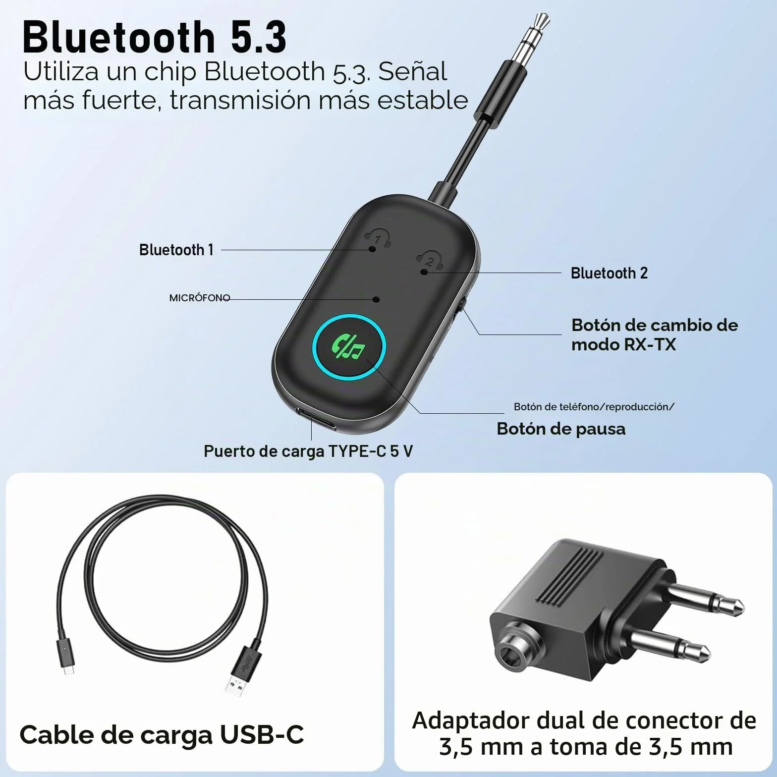 Transmisor Receptor Bluetooth 5.3,2 en 1 Transmisor Bluetooth Jack 3.5mm,receptor bluetooth jack 3.5mm Soportes para 2 AirPods/auriculares,adaptador bluetooth para TV/Avión/Coche/Auriculares/Altavoces