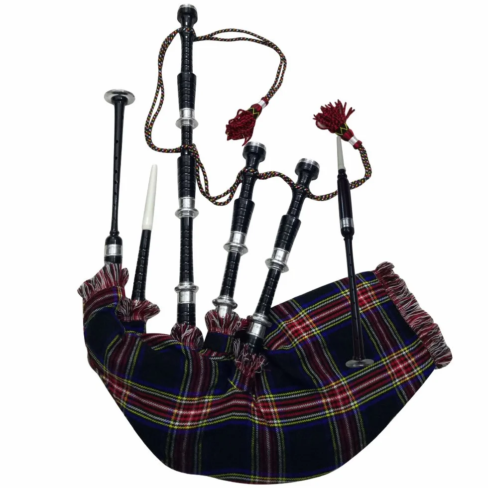 Gaita de tamaño completo para principiantes y adultos con hermoso acabado negro, canto de práctica con accesorios, tubo de bolsa para adultos (color negro STEWART tartán)