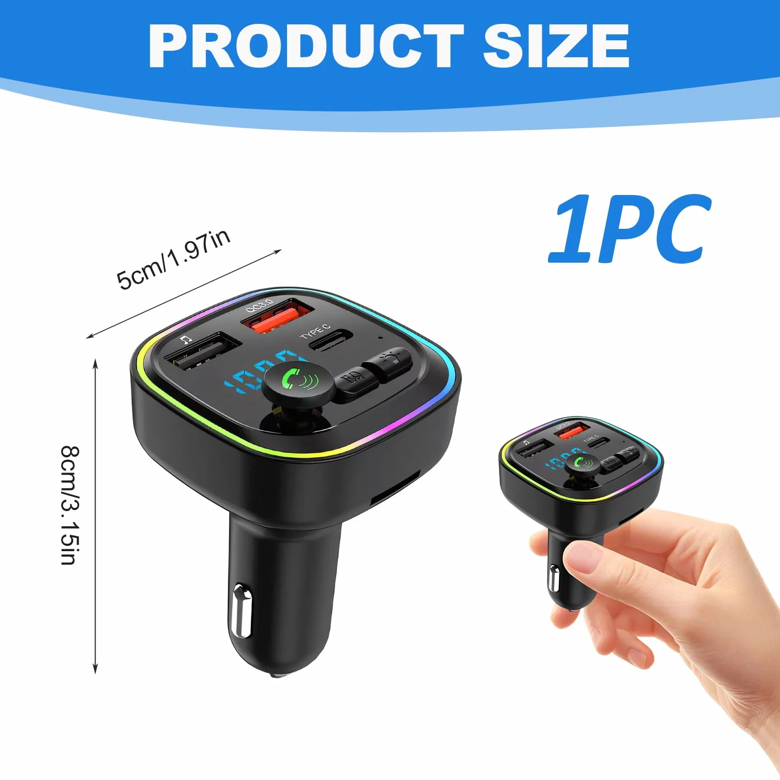Transmisor FM Bluetooth para Coche, Adaptador de Manos Libres con 2 USB 5V/3A, QC 3.0+Tipo C 20W PD, Llamadas Manos Libres, MP3 Estéreo Música Coche
