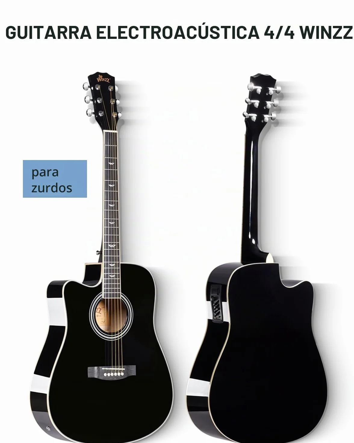 Winzz 4/4 Guitarra electroacústica, juego de guitarra western para zurdos, para principiantes adultos, guitarra acústica de 104 cm con ecualizador de 4 bandas (Dreadnought, negro brillante)