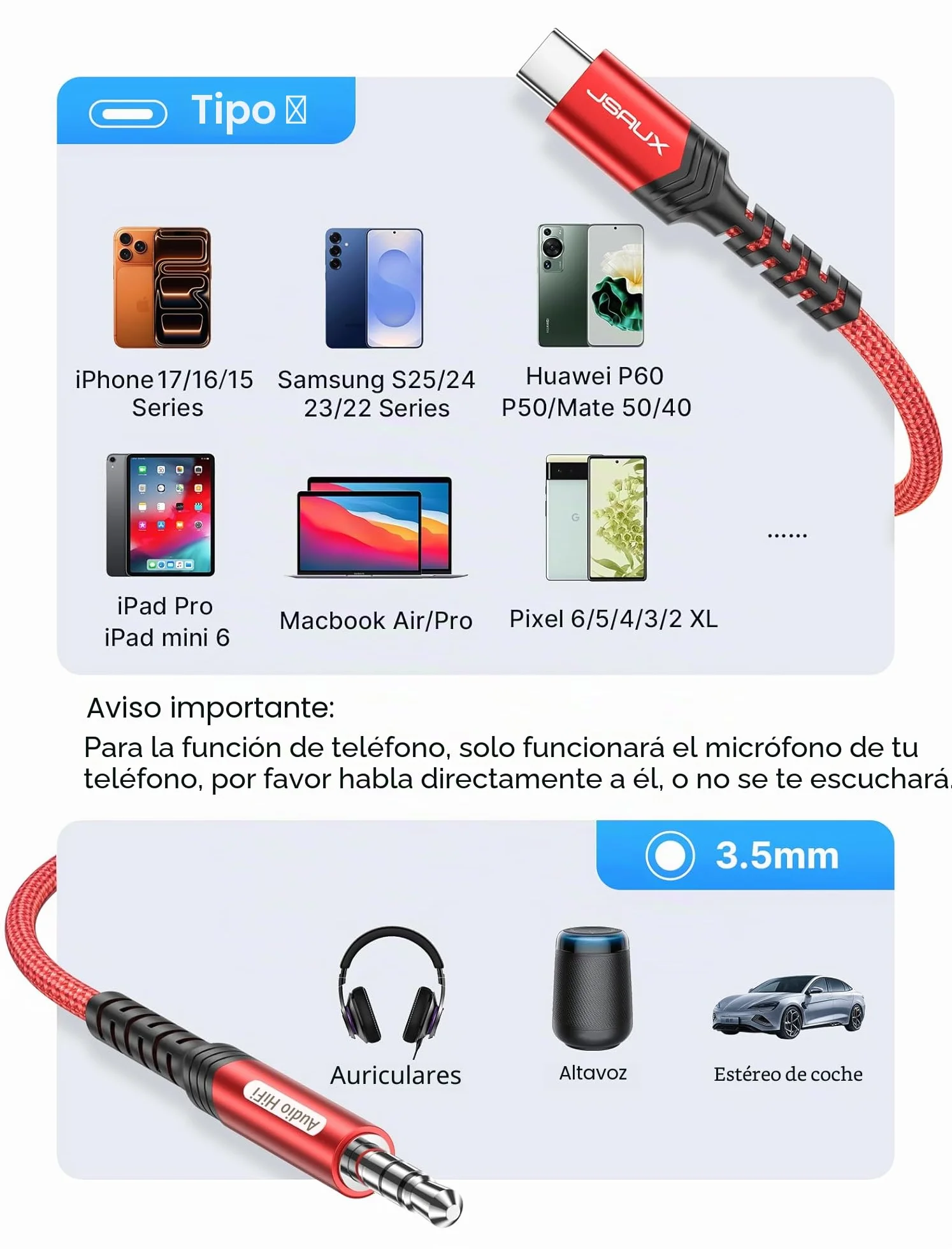 JSAUX Cable AUX USB C a Jack 3.5 mm, Adaptador Tipo C a 3.5 mm Macho, Audio Estéreo para Coche, Compatible con iPhone 17 Air/16/15 Pro MAX Plus, Galaxy S25 S24 S23 Ultra, Pixel 9, iPad Pro