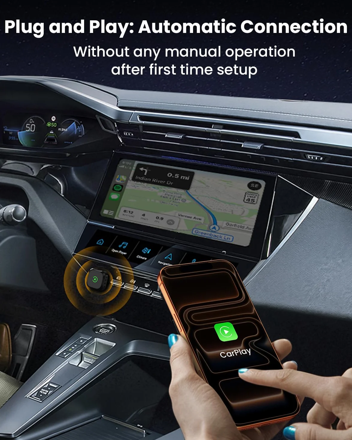 GEEKERA Adaptador CarPlay Inalámbrico para Apple: Modelo 2026 Wireless CarPlay para Coche, Convierte Cable a Wireless, Compatible con iPhone iOS 12+, USB A/C y Vehículos 2016+, Negro