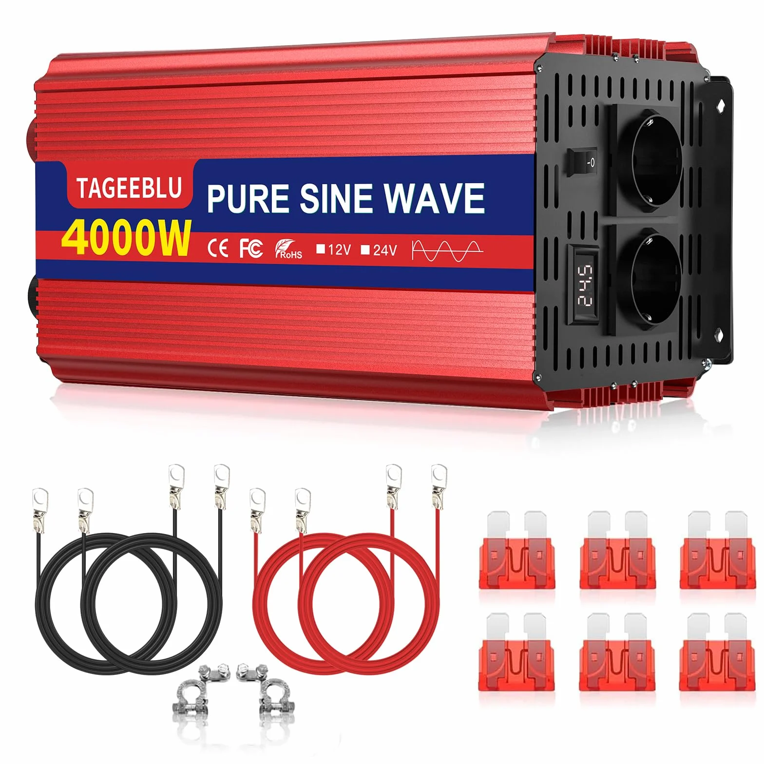 4000W Inversor 24v 220v Onda Pura, Transformador 24v a 220v camion con 2 AC Tomas, Pantalla LCD