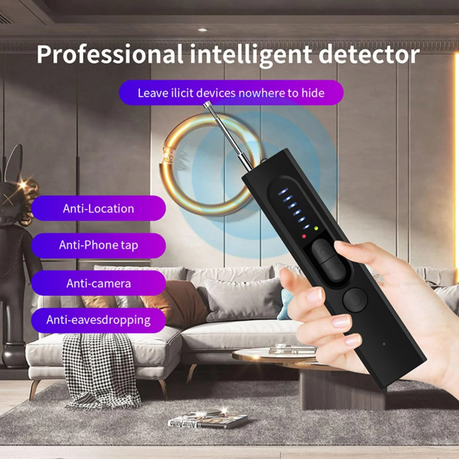 Detector de Camaras y Microfonos Ocultos, Detector de Dispositivos Ocultos Inalámbrico, Detectores de Cámara Oculta, GPS y Señales RF con 6 Niveles de Sensibilidad para Hotel, Hogar, Oficina y Viajes