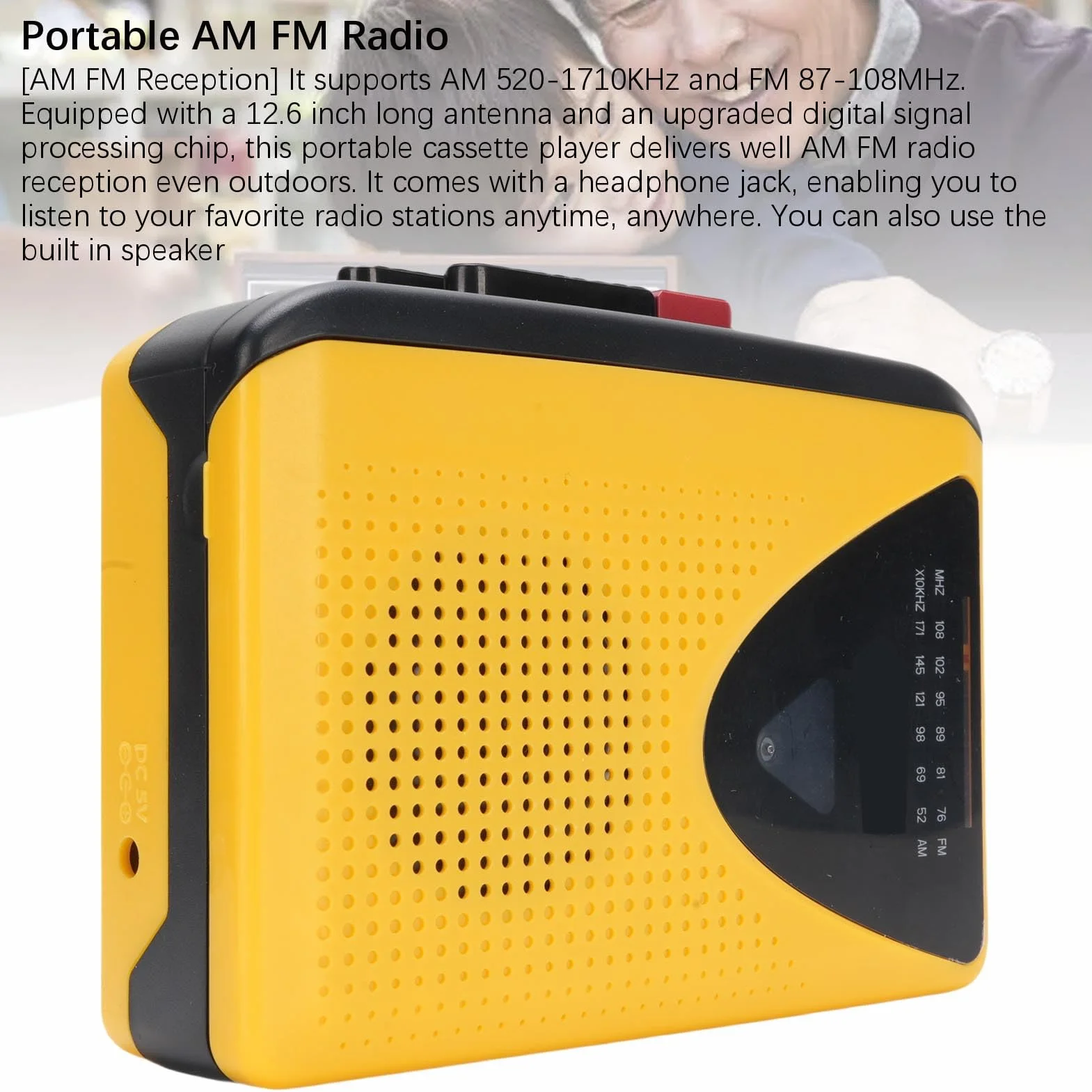 Reproductor de Cassette Retro con Radio AM FM Bluetooth y Grabación, Portátil, Amarillo Negro