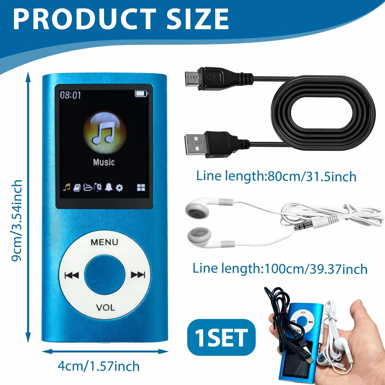 Reproductor MP3 MP4 Portátil con Pantalla LCD 1.8 Pulgadas, Radio FM, Grabación y Auriculares - Azul