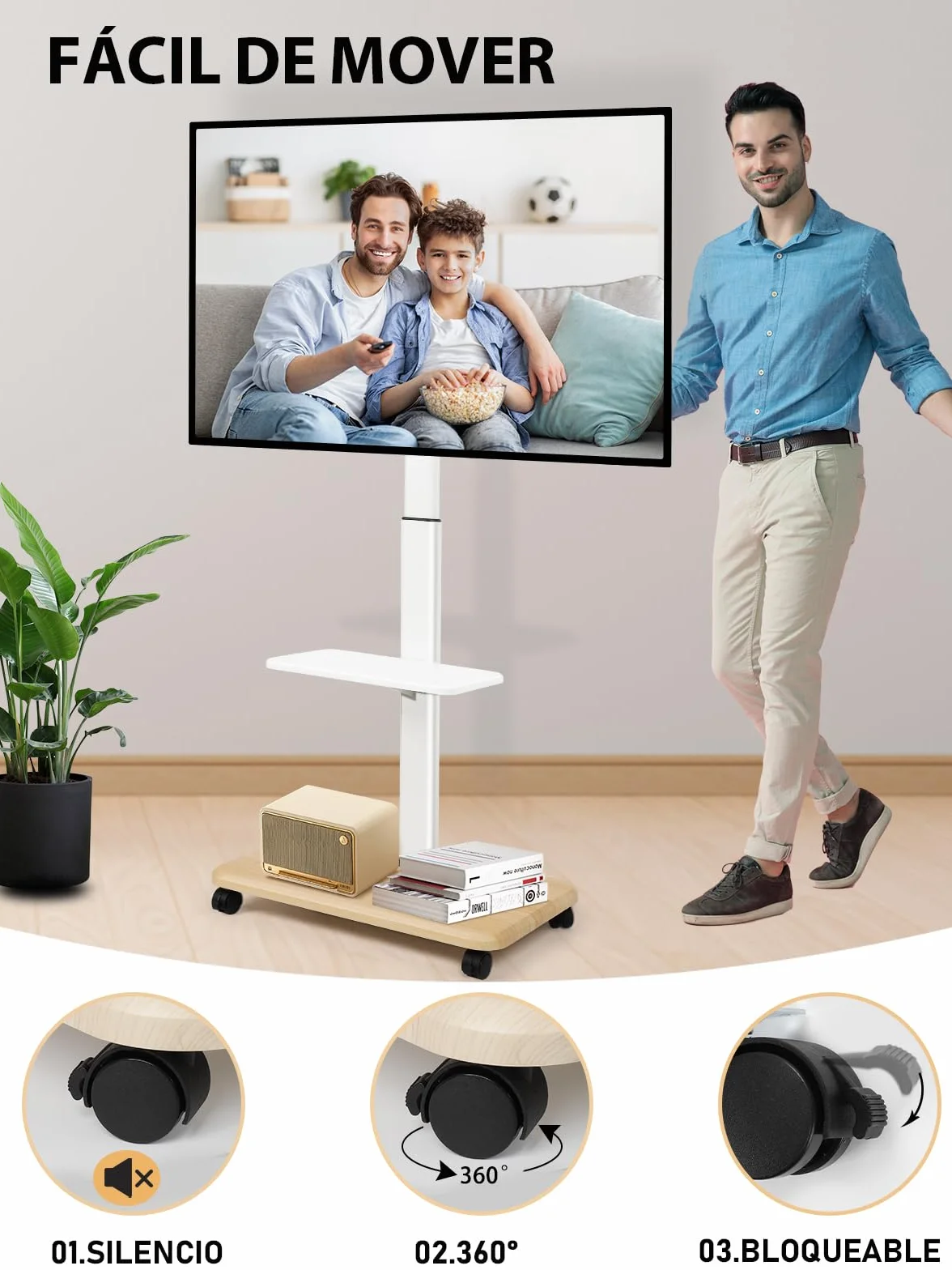 Soporte de TV Rodante Móvil para Televisores de 32-70 Pulgadas Planos/Curvos LED/LCD/OLED Altura Ajustable Soporte Portátil con Ruedas hasta 100lbs con Estante para Laptop y DVD para Exterior Blanco