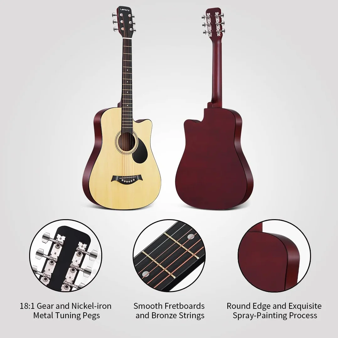 Guitarra acústica de 38 pulgadas para principiantes, guitarra occidental, natural, tilo, cutaway, juego de guitarra, con bolsa de concierto, cuerda de aprendizaje, selección, paño de limpieza