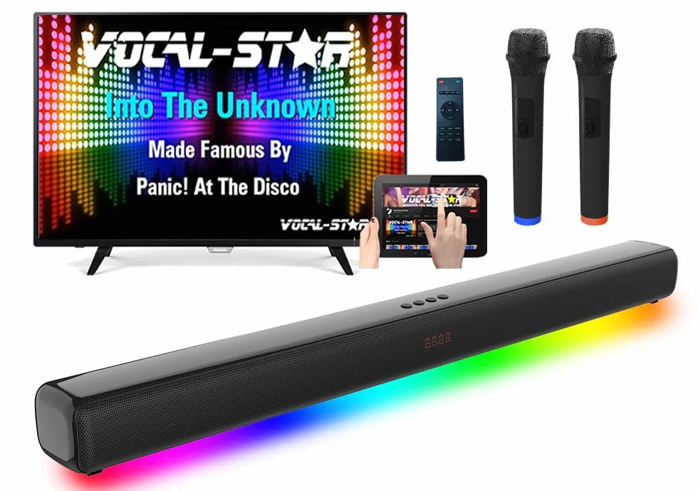 Máquina de Karaoke Vocal-Star, Altavoz de Barra de Sonido de 300 W, 2 micrófonos inalámbricos UHF, Efectos de luz, HDMI ARC, BT, AUX, óptico, Sistema de Entretenimiento Todo en uno