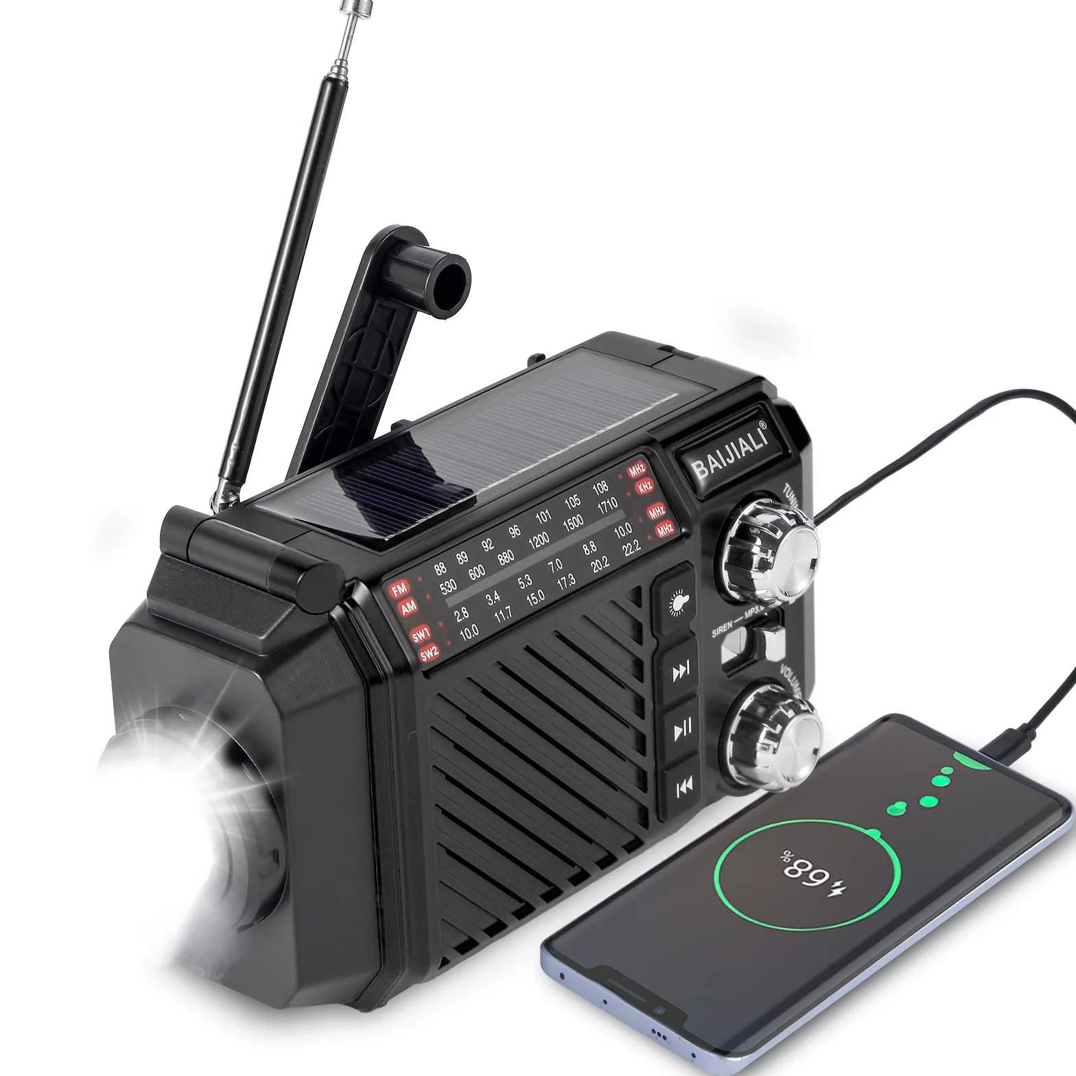 Radio de Emergencia con Manivela y Solar, Radio Portátil Pequeña Am/FM/SW, Linterna LED, SOS, Power Bank 2600mAh Recargable para Supervivencia y Camping - Negro