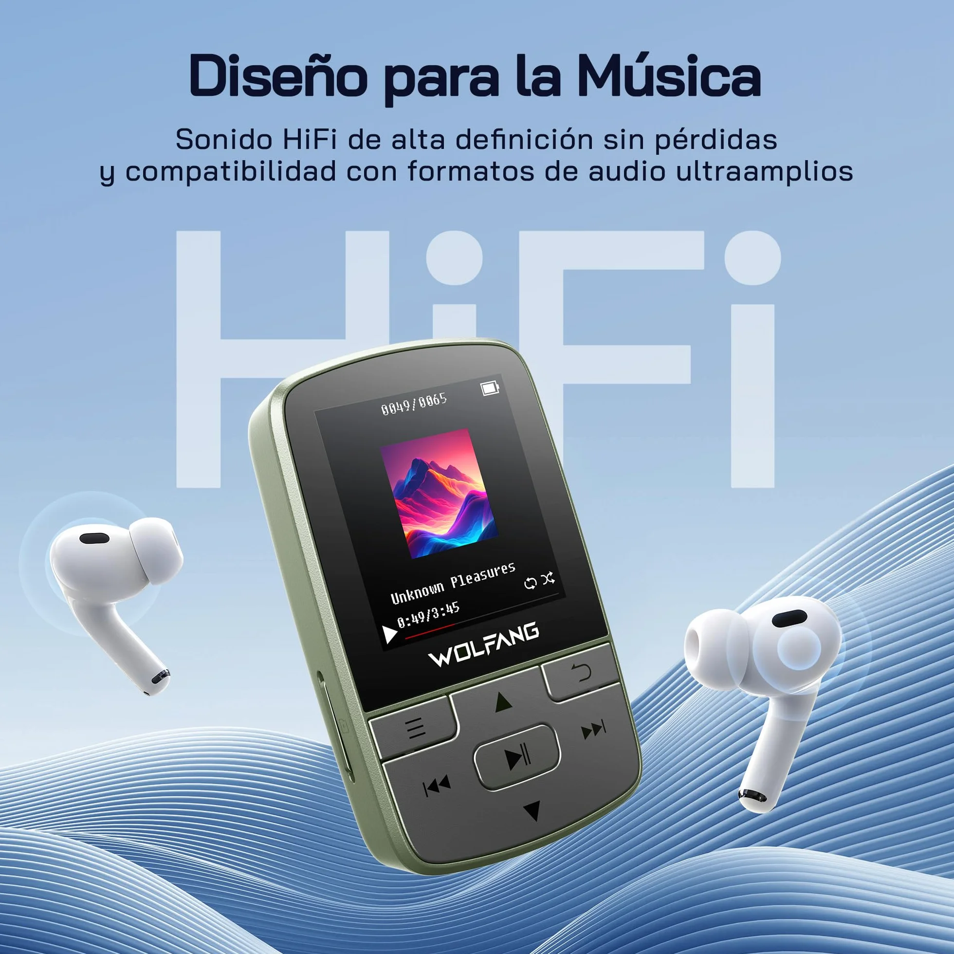 WOLFANG Reproductor MP3 Bluetooth 5.2 Clip Deportivo Mini 1 Onza TF 128 GB Radio FM Grabadora Auriculares Verde Militar