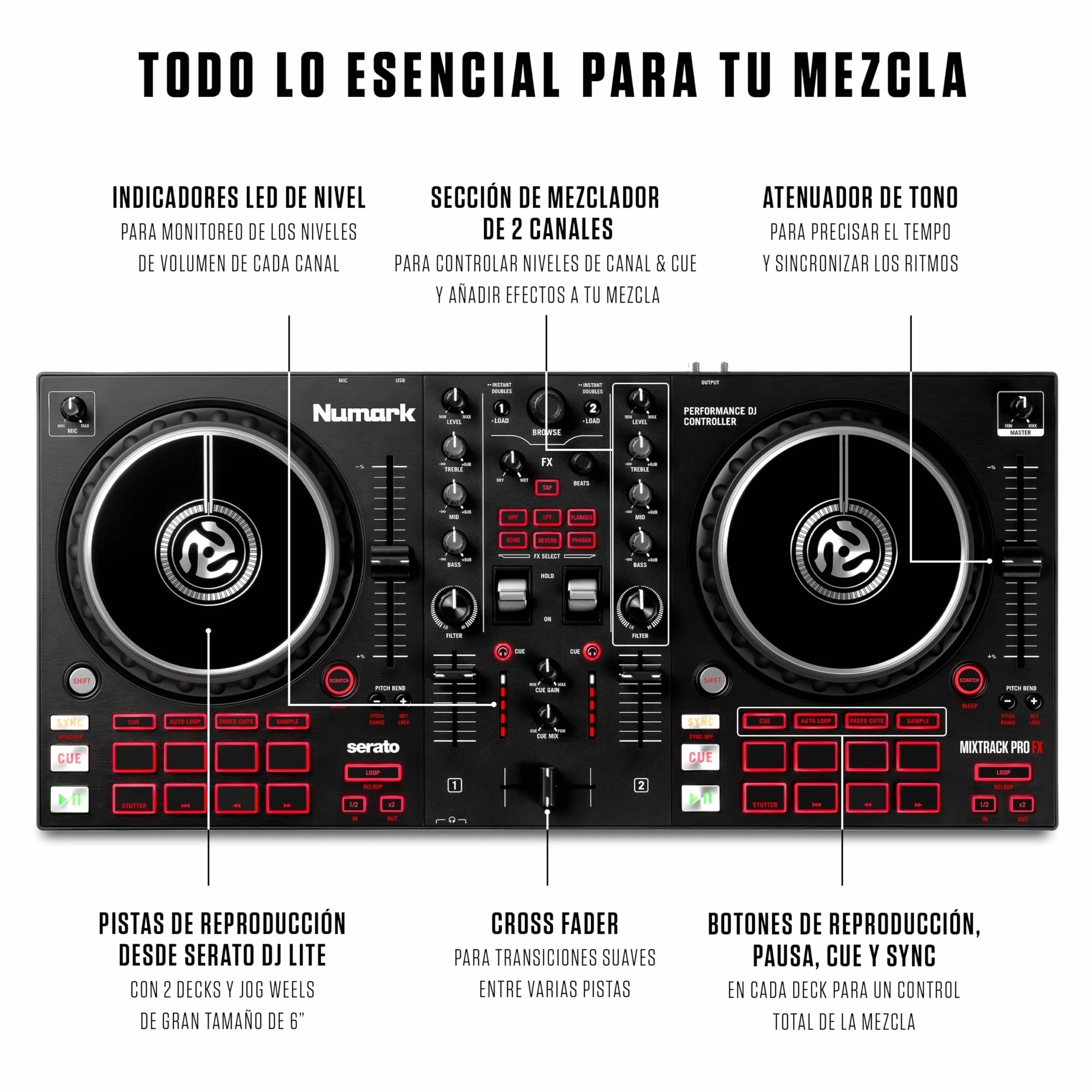 Numark Mixtrack Pro FX Controlador DJ de 2 Secciones para Serato DJ Con Mezclador DJ, Interfaz de Audio Incorporada, Ruedas de Selección Táctiles Capacitivas y Paletas de Efectos