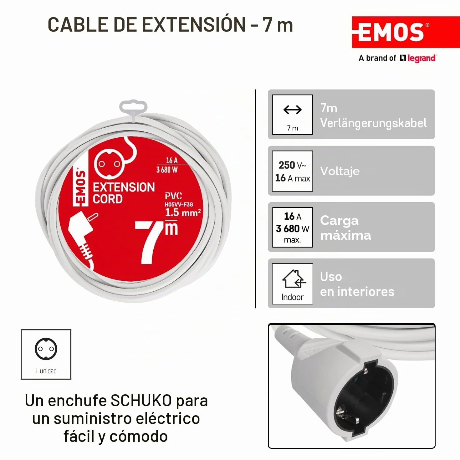 EMOS Cable alargador IP20 7 m 1 enchufe Schuko 250 V 16 A 3680 W H05VV-F3G 1,5 mm2 Blanco