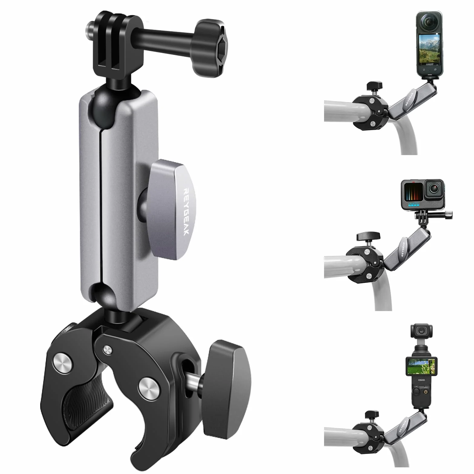 Soporte de cámara REYGEAK con cabezal de bola dual de 360° con tornillos de 1/4, soporte de manillar de bicicleta con doble garra para Gopro Max Hero 13/12/11/10/9