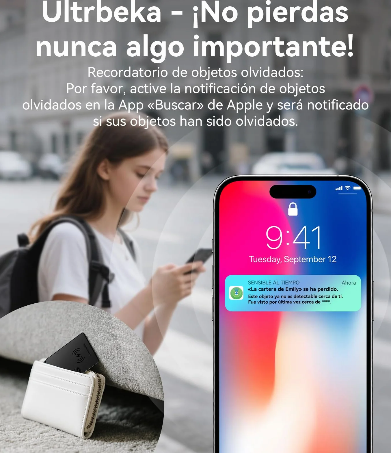 Ultra-Delgado Wallet Tracker MFi Certificado Compatible con Apple Find My | para Carteras, Llaves y Bolsos | Individual 1 Pack
