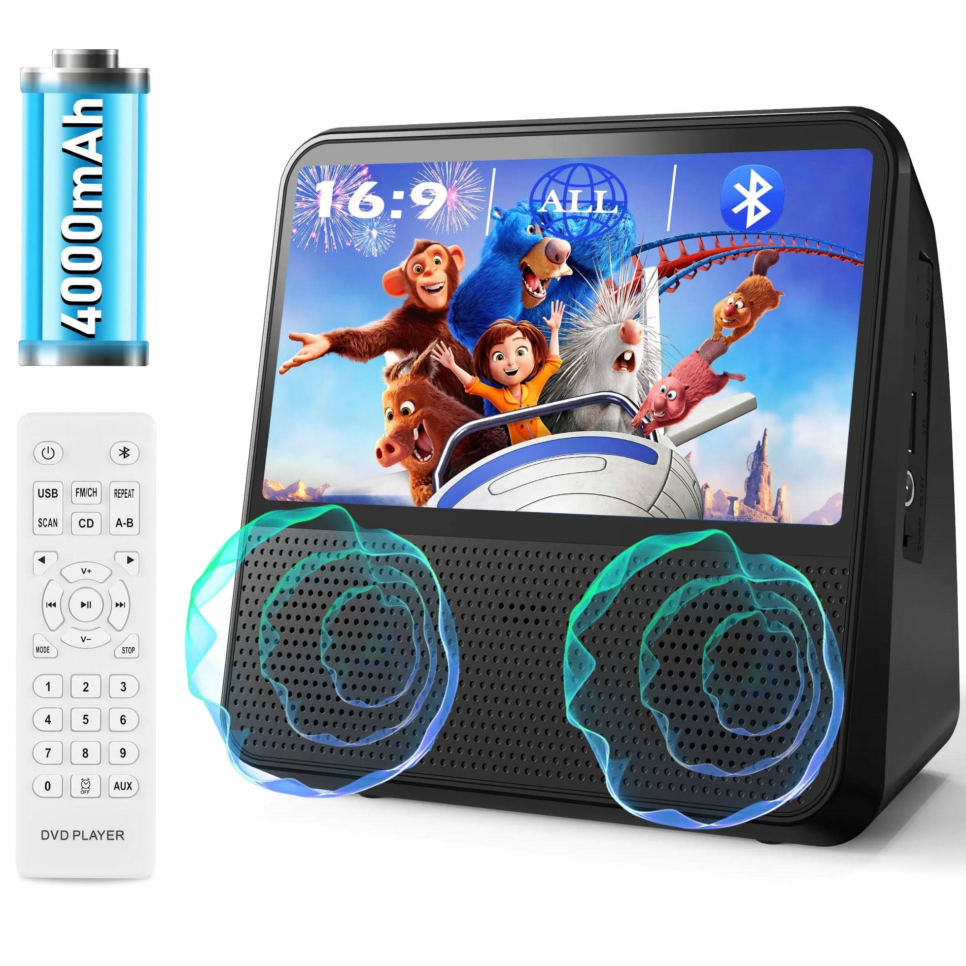 4000mAh Reproductor DVD Portátil Recargable, HD 9,8" DVD Player Todas Las regiones, Compatible con DVD/CD/Bluetooth/AUX/RCA/USB, Temporizador, Control de Brillo, Música Bluetooth, Mando a Distancia