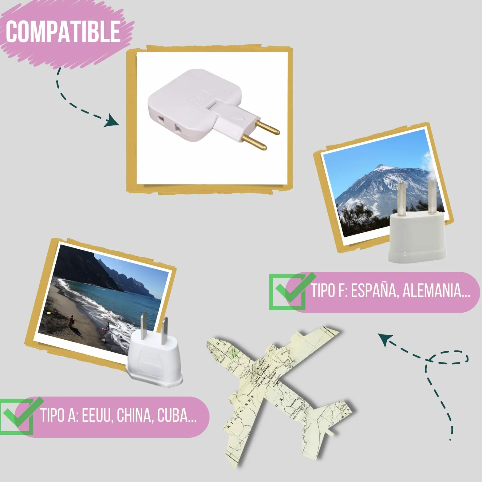Pack 3 Ladrón Enchufe Plano múltiple de Pared de 3 Tomas con Cabezal Giratorio 180º. Regleta Enchufe Adaptador Europeo y Americano.