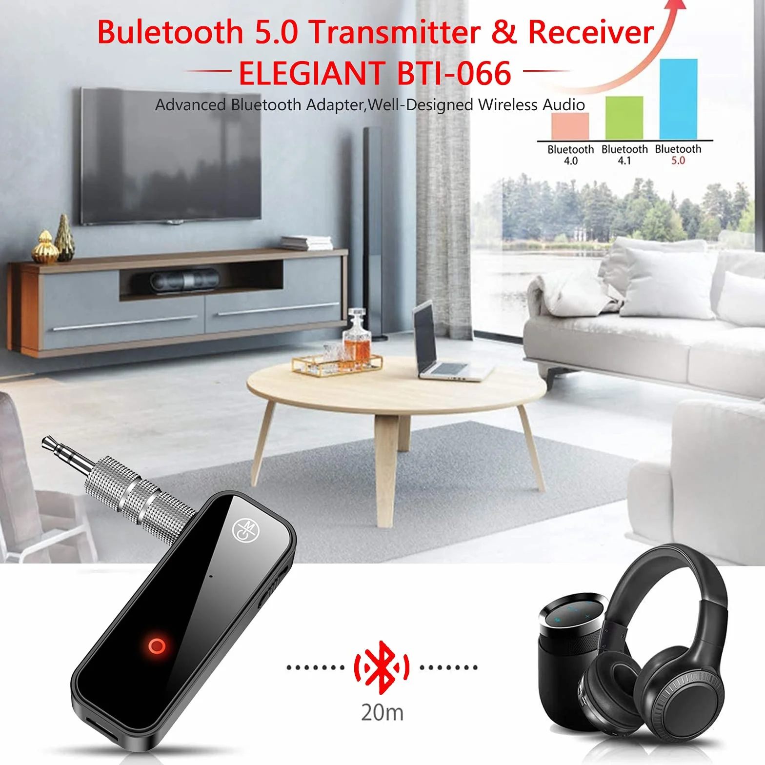 Bluetooth 5.0 Receptor Adaptador Coche Audio 3 en 1 Jack 3.5mm Transmisor Aux Reducción de Ruido para TV Altavoces PC