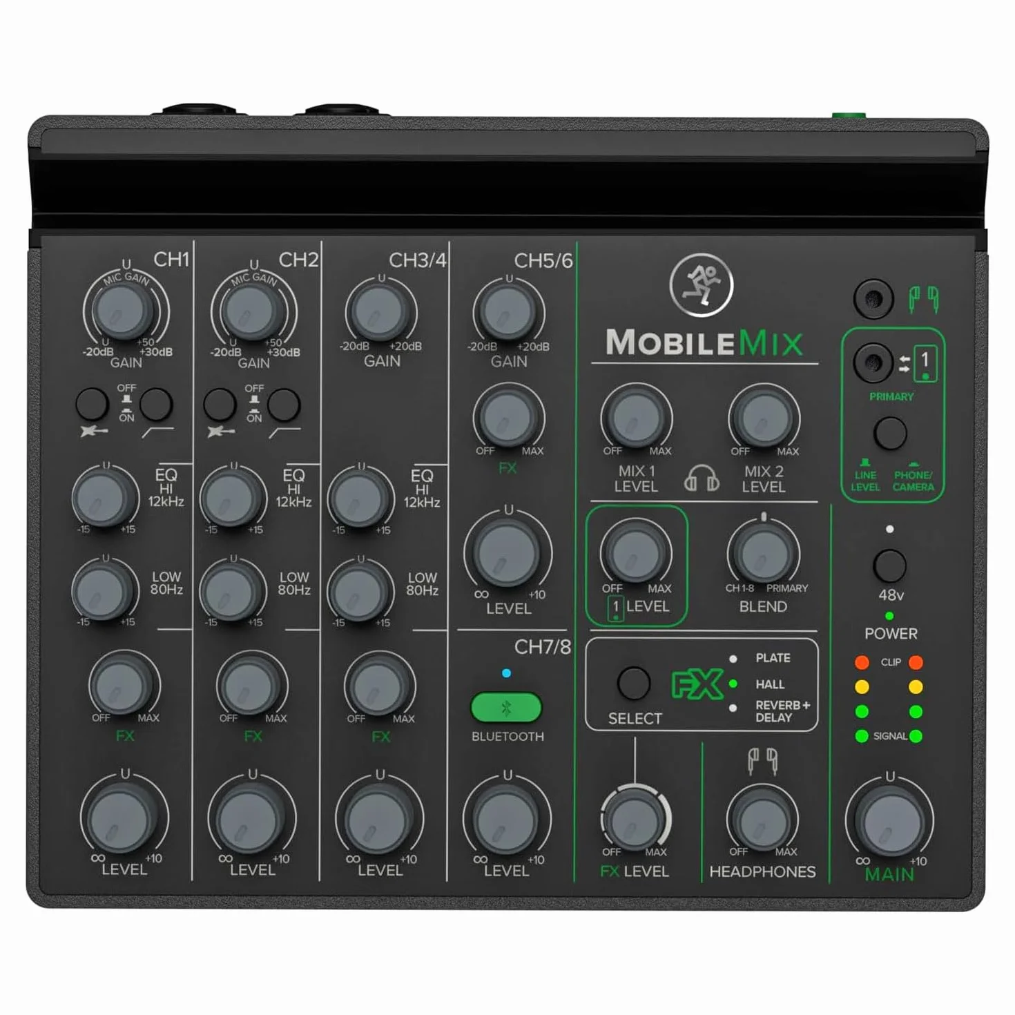 MACKIE MobileMix mezclador de 8 canales alimentado por USB para producción audiovisual, sonido en directo y streaming con instrumentos, micrófonos y Bluetooth
