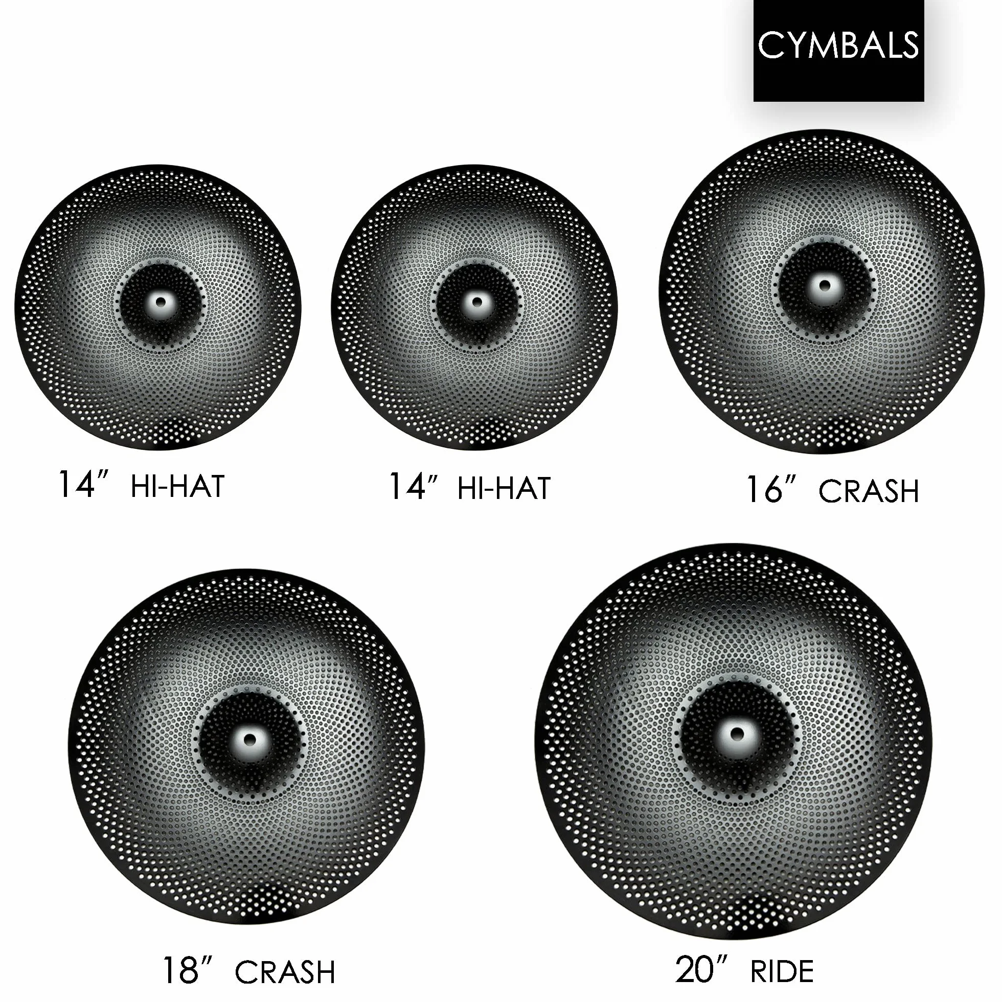 Paquete de platillos de bajo volumen, juego de platillos silenciosos de 14 pulgadas, 16 pulgadas, 18 pulgadas, 20 pulgadas (5 piezas, negro) | Incluye bolsa de platillos gratis