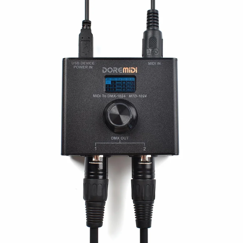 El controlador MIDI a DMX (MTD-1024) puede convertir mensajes MIDI a mensajes DMX