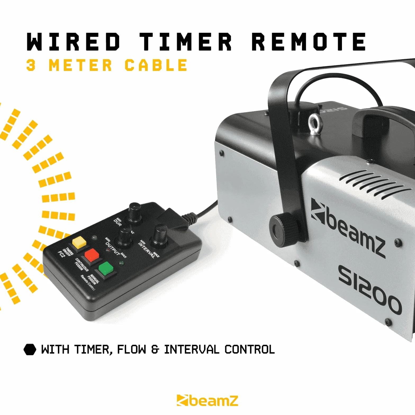 BeamZ S1200 MKII máquina de humo de 1200W, con tanque de 900ml. salida de 215m3 de humo por minuto, control remoto con cable de 3 metros con programador, sólida y fácil de transportar