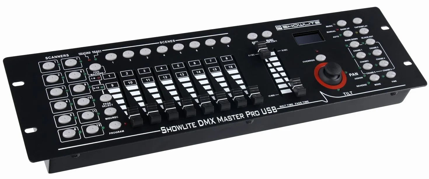 Controlador DMX Showlite Master Pro 192 canales, control profesional de iluminación, conexión USB para datos, hasta 240 memorias de escenas, entrada MIDI estándar de 5 pines.