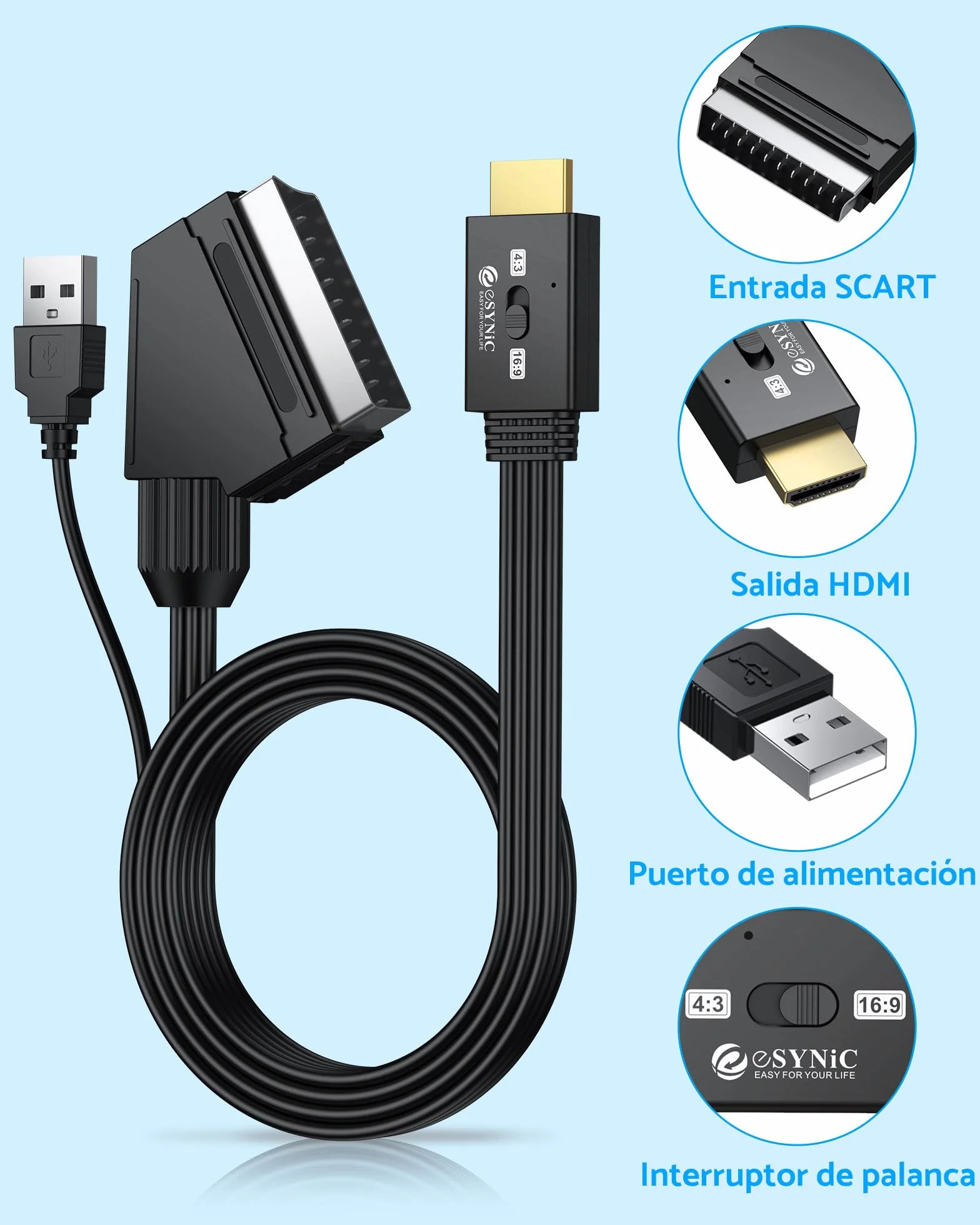 eSynic Convertidor SCART a HDMI 1080P, Conversor Euroconector a HDMI con Cable SCART Integrado 1.5m & Selector 4:3/16:9, Compatible para VCR/DVD/VHS