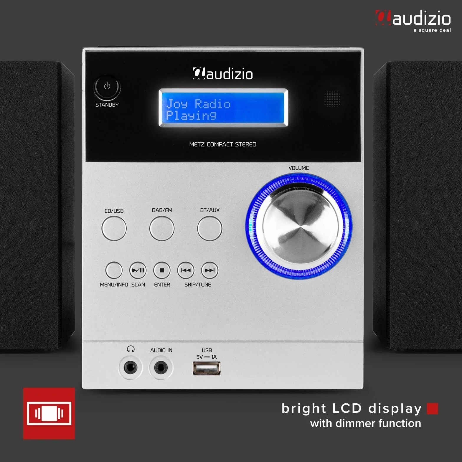 Audizio Metz Equipo de música HiFi con Altavoces, Minicadena con Radio Dab+, Bluetooth, Reproductor de CD, Entrada USB, Entrada Auxiliar, Incluye Mando a Distancia, Mini Cadena Color Aluminio