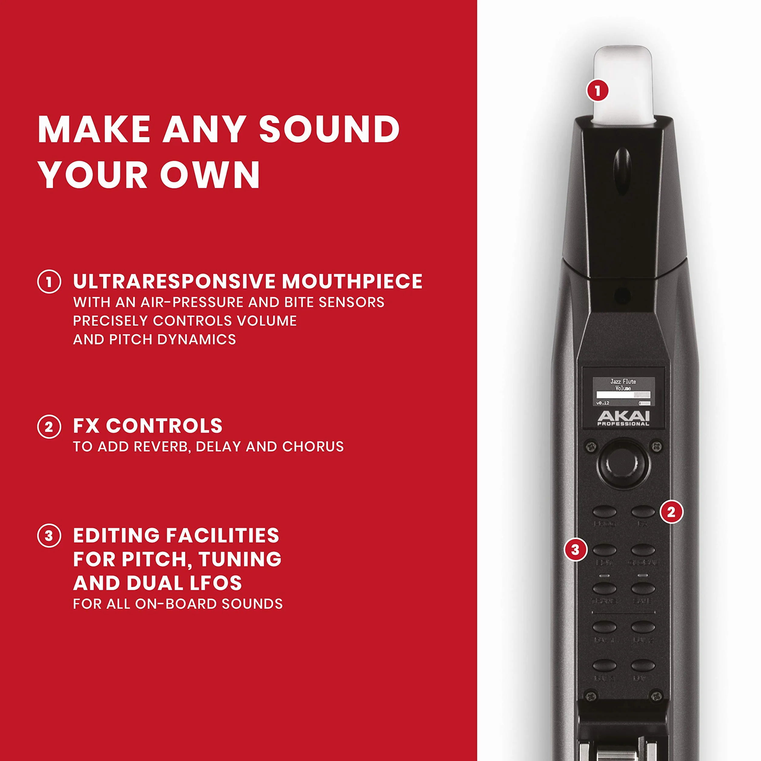 Akai Professional EWI Solo - Instrumento Electrónico de Viento con Altavoz Incorporado, Batería Recargable, 200 Sonidos y Conectividad MIDI USB