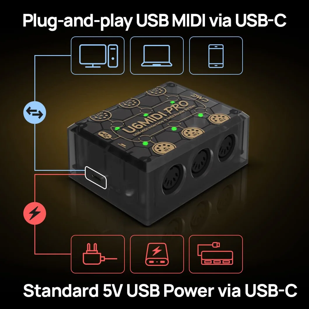 CME U6MIDI Pro – Interfaz MIDI con Router, Mapeo y Filtro, USB MIDI Plug & Play para Ordenadores, MIDI Independiente 3 Entradas / 3 Salidas para Merge, Split y Thru