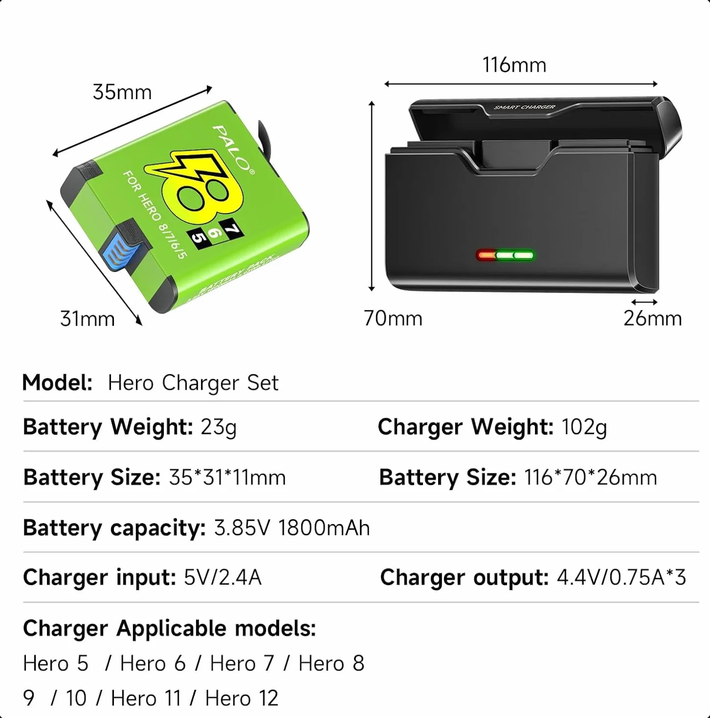 3 baterías Hero 8/7/6/5 con Cargador para Go-Pro Hero 12/11/10/9/8/7/9/5, Cargador de batería de 3 Canales con Accesorios de batería, Carga rápida, Adecuado para Baja Temperatura