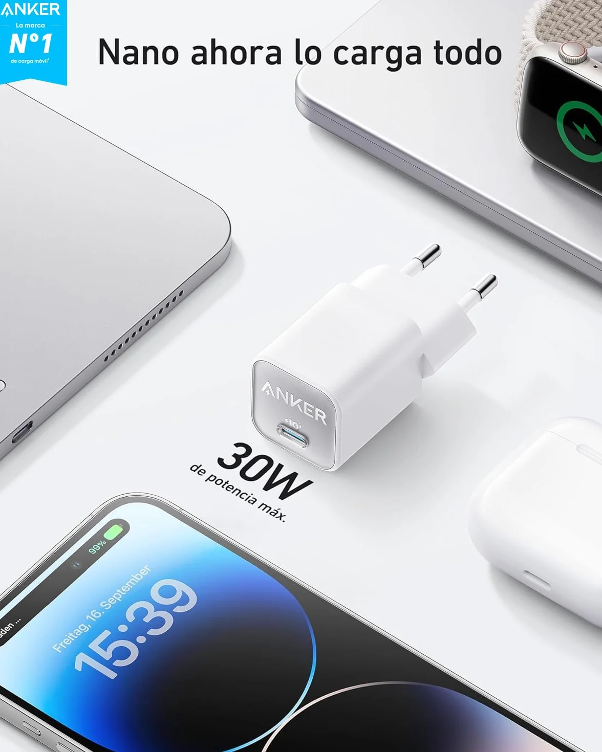 Anker Cargador USB C GaN 30W Nano 3 Rápido PIQ 3.0 PPS Compatible iPhone 17/16/15 Samsung Galaxy