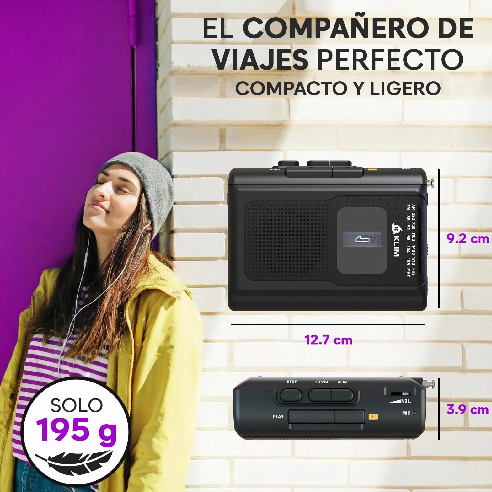 KLIM K8 Reproductor Cassette Auriculares Fusion Radio AM/FM Micrófono Altavoz Integrados