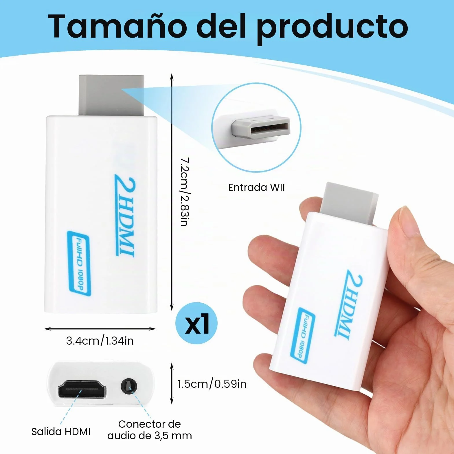 Adaptador para Wii a HDMI Convertidor para Wii a HDMI Video Converter Full HD 1080P con 3,5mm Salida de Audio Admite Todos Los Modos Pantalla for W-ii Display Modes720P NTSC para Monitor Projector TV