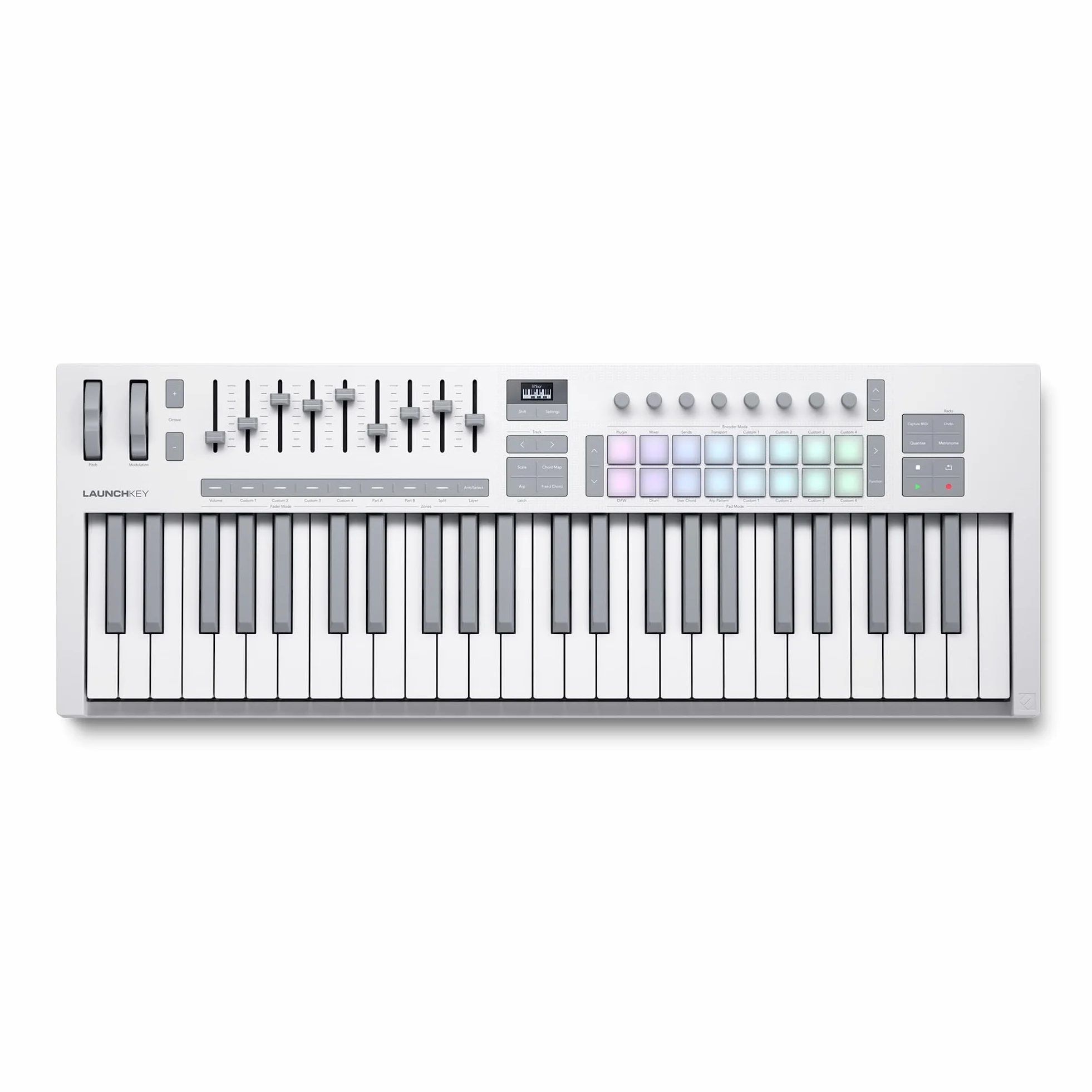 Novation Launchkey 49 Blanco [MK4]: Controlador de teclado MIDI, 49 teclas, semicontrapesado, USB, integración DAW. Modos Chord/Scale, 8 pads de percusión, arpegiador, paquete de software musical