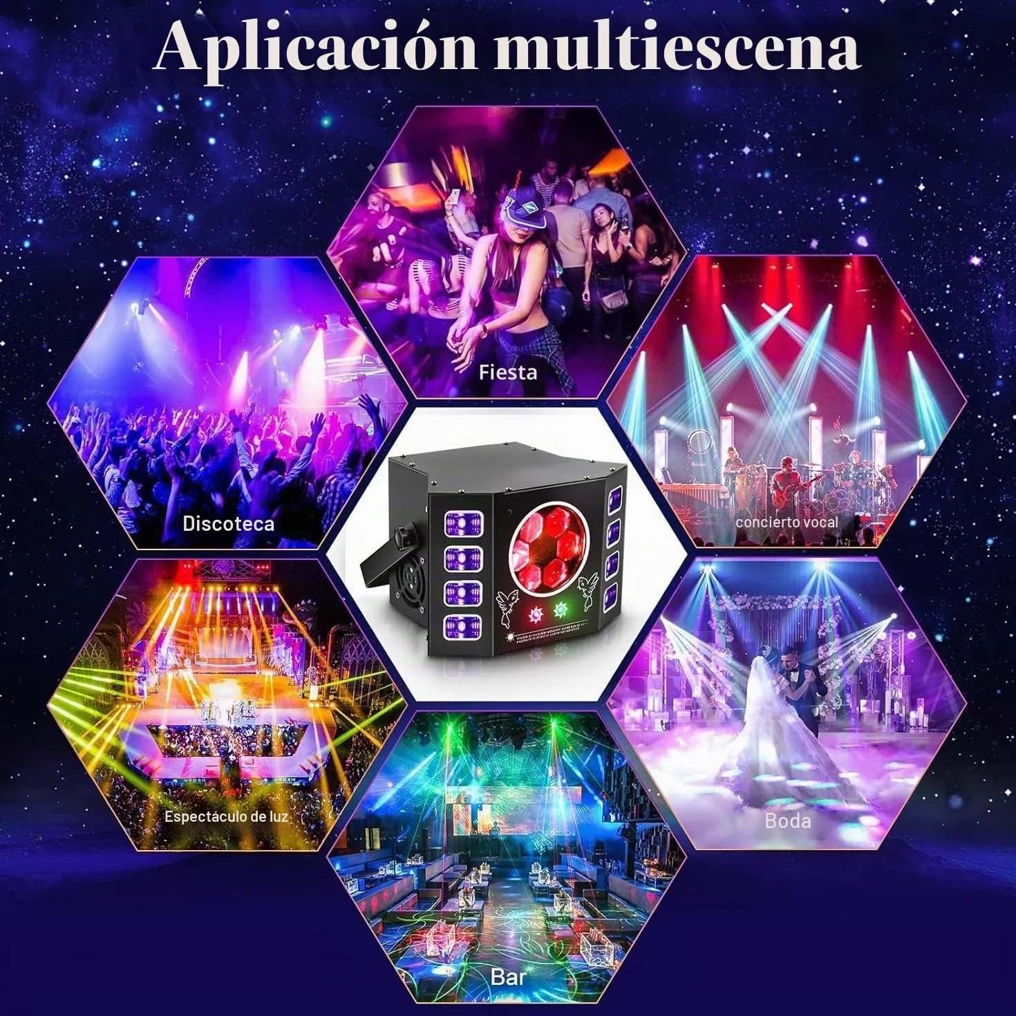 Luce discoteca 100 W, luz de fiesta, ojo de abeja, luz de flash UV, DMX de 14 canales con control de voz, mando a distancia, adecuado para bodas, fiestas de cumpleaños, Halloween, eventos de bar