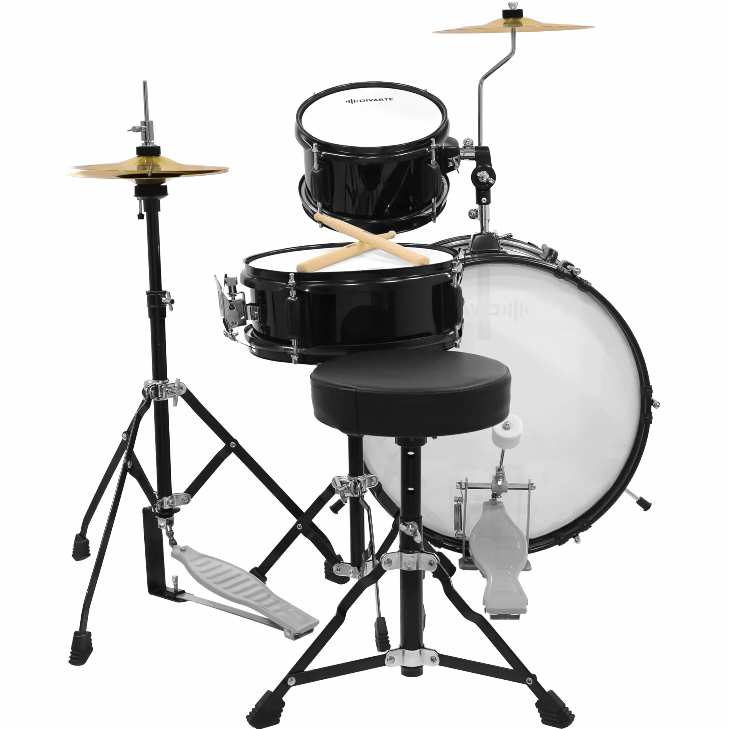 Junior DrumSet Black,Kit de batería ajustable negro para niños, a partir de 6 años, juego de batería acústica para principiantes con asiento ajustable, pie de charleston y palillos incluidos.