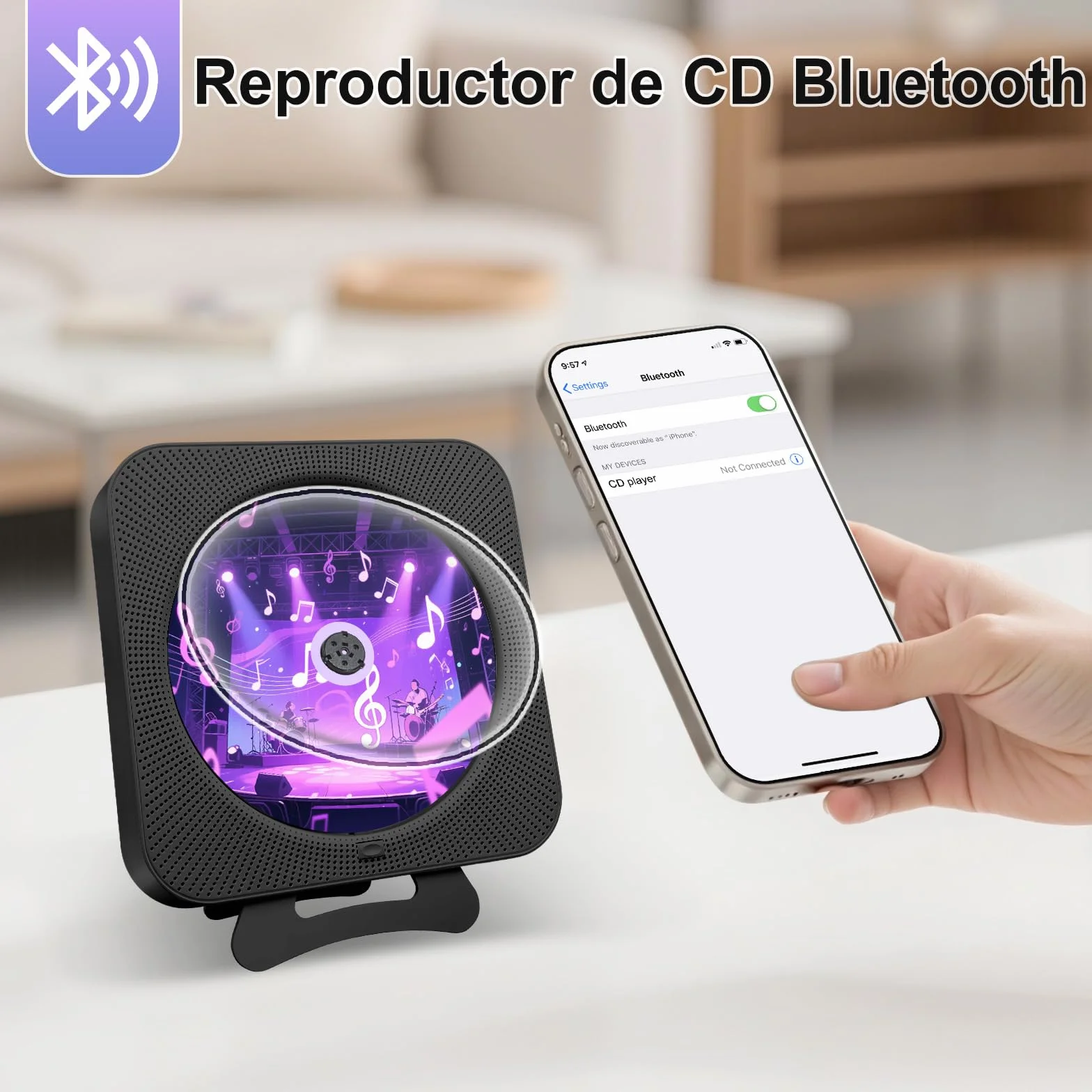 Reproductor de CD Portátil Bluetooth con Pantalla LCD, Radio FM, USB/AUX, Negro
