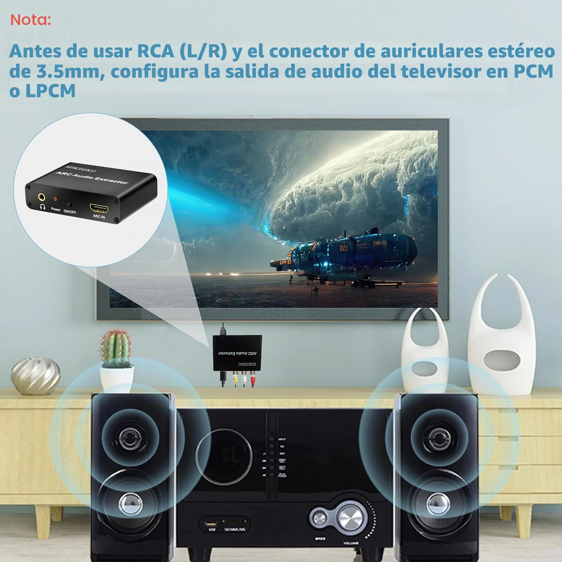 Extractor HDMI ARC, adaptador divisor con óptico TOSLINK, SPDIF coaxial y analógico 3.5 mm L/R estéreo para amplificador HDTV altavoz
