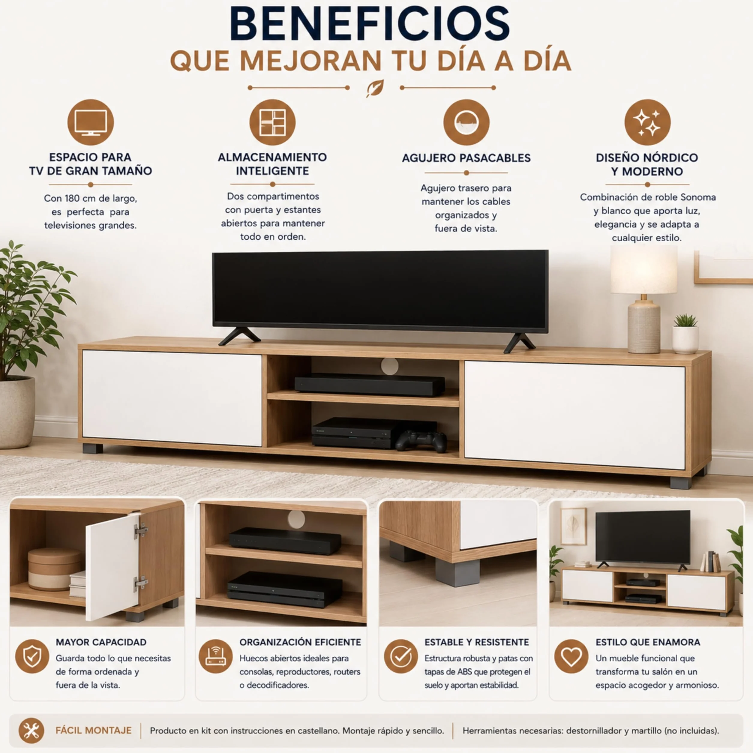 Mueble TV Salon Mesa para TV Color Roble y Blanco 180 x 40 x 41 cm. Atenea