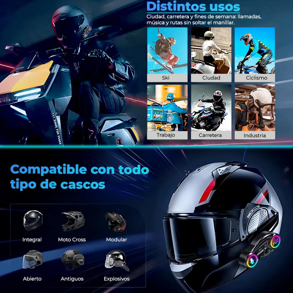 Auriculares Casco Moto Bluetooth 6.0, Auriculares Manos Libres, Doble Conexión, Cancelación de Ruido, Respuesta automática, Batería 20 h, Asistente de voz, Resistente al agua - No Intercomunicador.