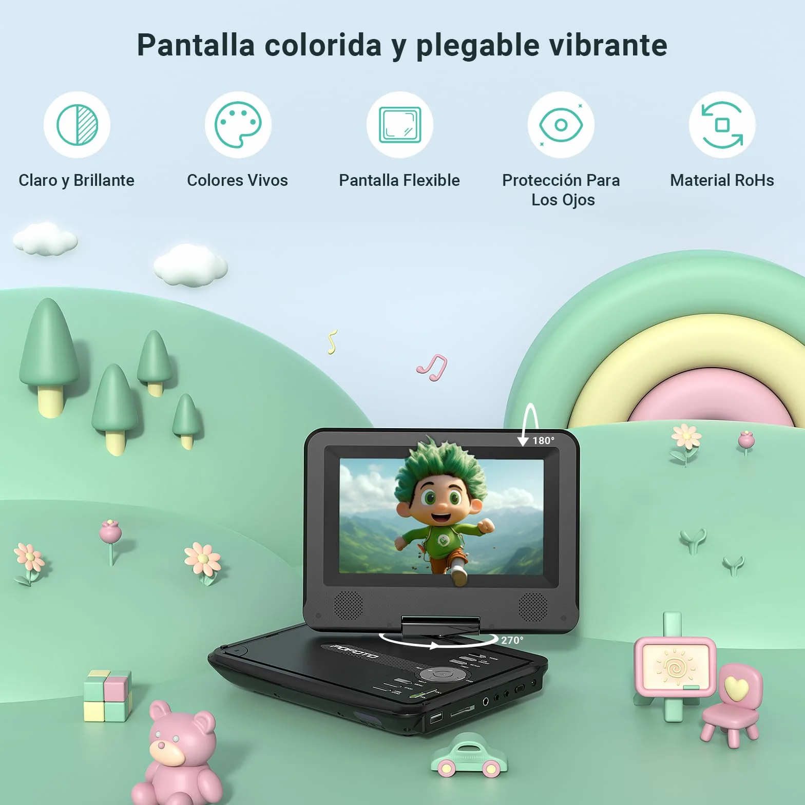 POFOTO Reproductor DVD portátil 9,5'' Pantalla giratoria HD 7,5'' 6h Autonomía Altavoz estéreo Discos/SD/USB Sincronización TV Antigolpes Negro