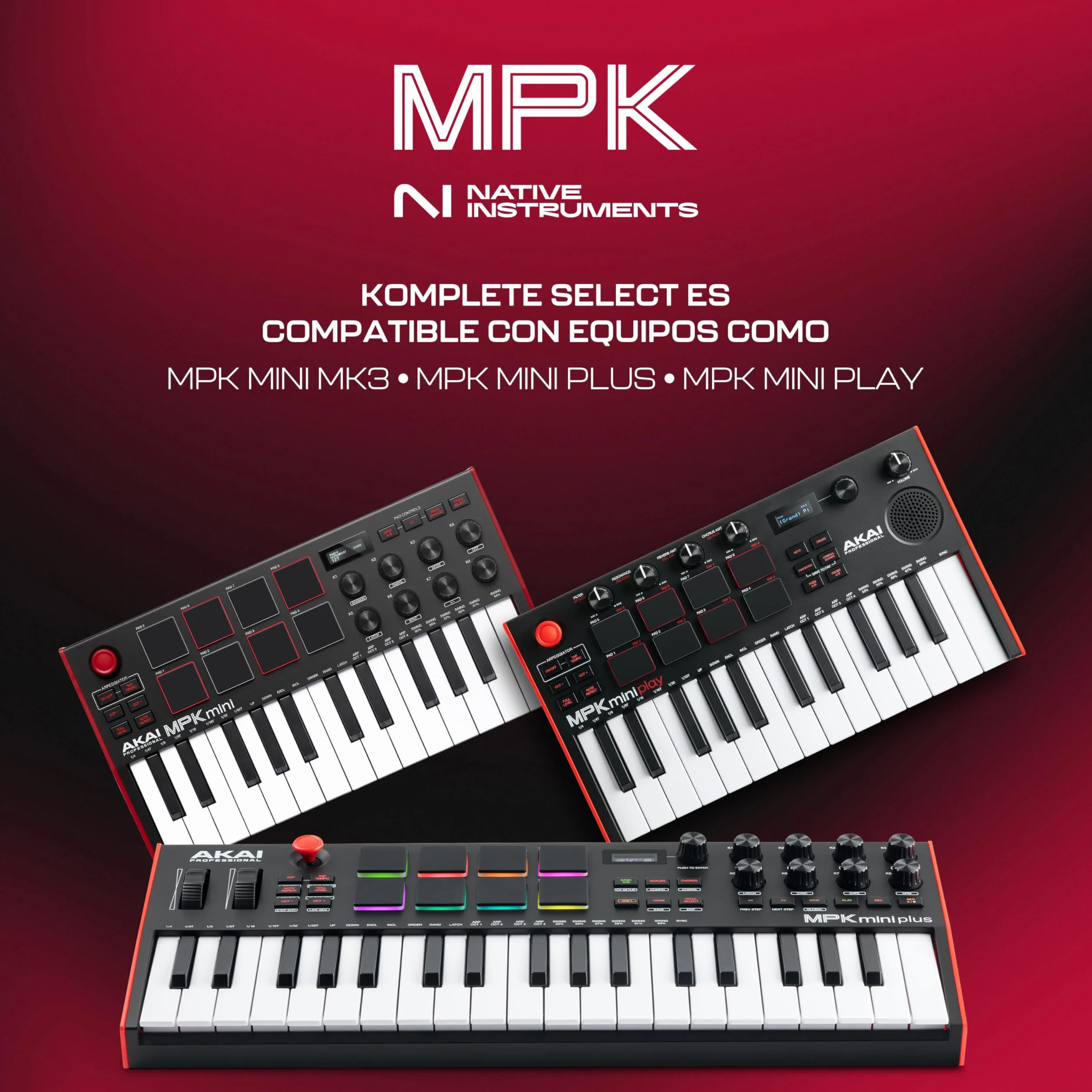 Akai Professional MPK Mini Plus - Teclado Controlador MIDI USB de 37 Mini Teclas con 8 Pads MPC, Secuenciador, MIDI/CV/Gate I/O, Software de Producción y Native Instruments Sound Package