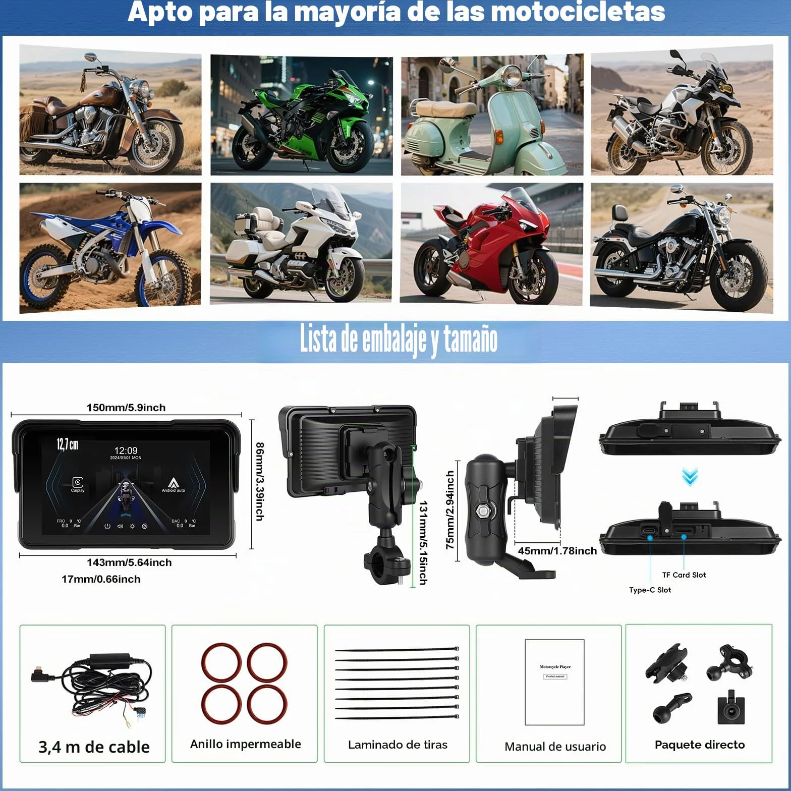 CAMECHO navegador Moto con Wireless CarPlay/Android Auto, Pantalla carplay Moto 5" HD IP68 Impermeable para Motocicletas con Car Play/Bluetooth/detección de presión