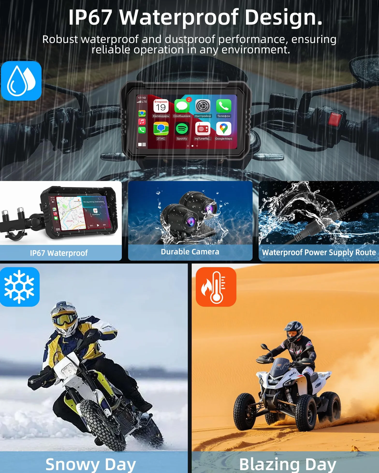4K Carplay Moto Android Auto GPS Moto Navegador con dashcam Delantera Trasera, 6,25 Pulgadas Pantalla Moto TáCtil IP67 Impermeable Doble Bluetooth Siri/Goo.gle Assistant