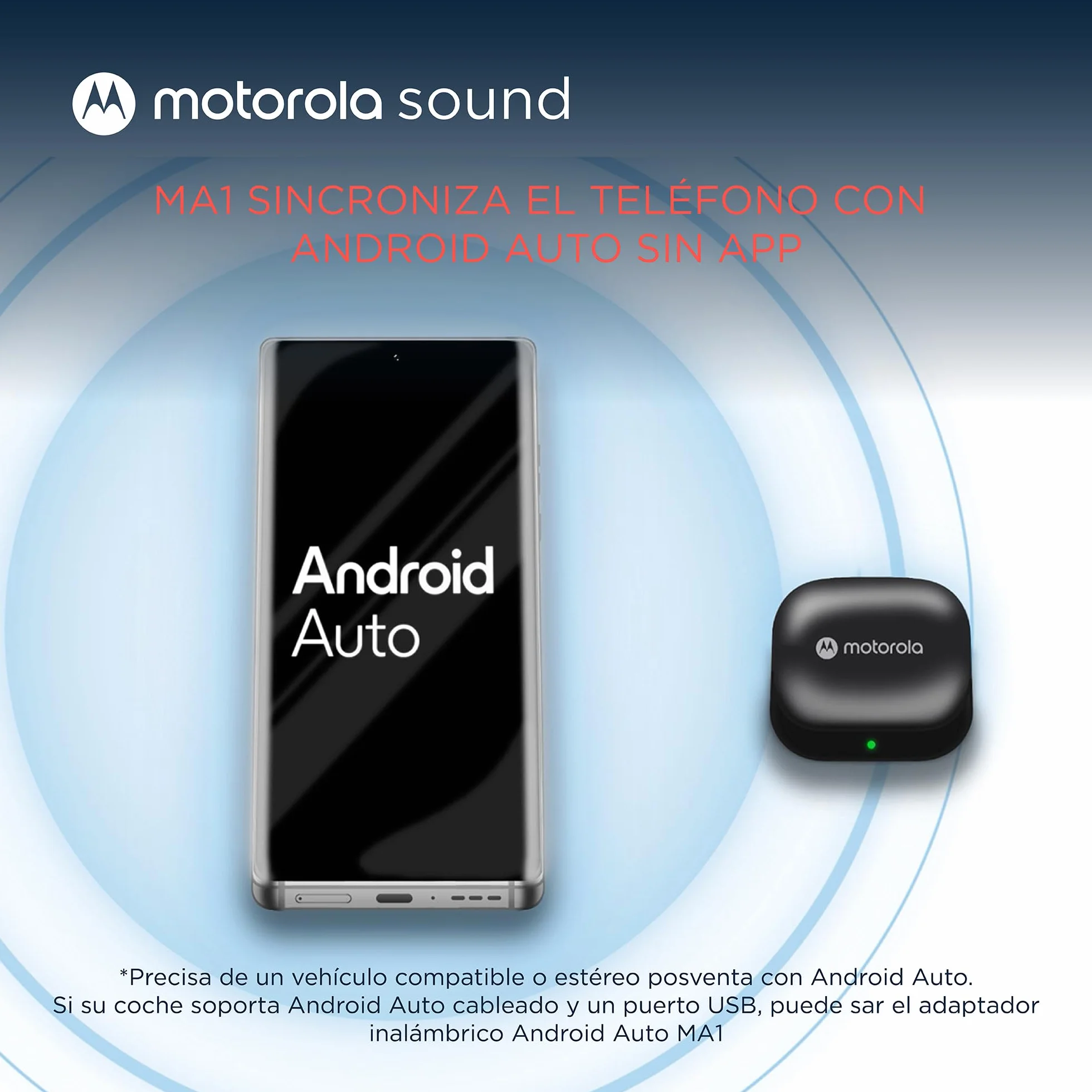 Motorola Sound MA1 - el único Google Autorizado Inalámbrico Android Auto Coche - Conexión instantánea Desde el teléfono Inteligente a la Pantalla del automóvil con configuración fácil